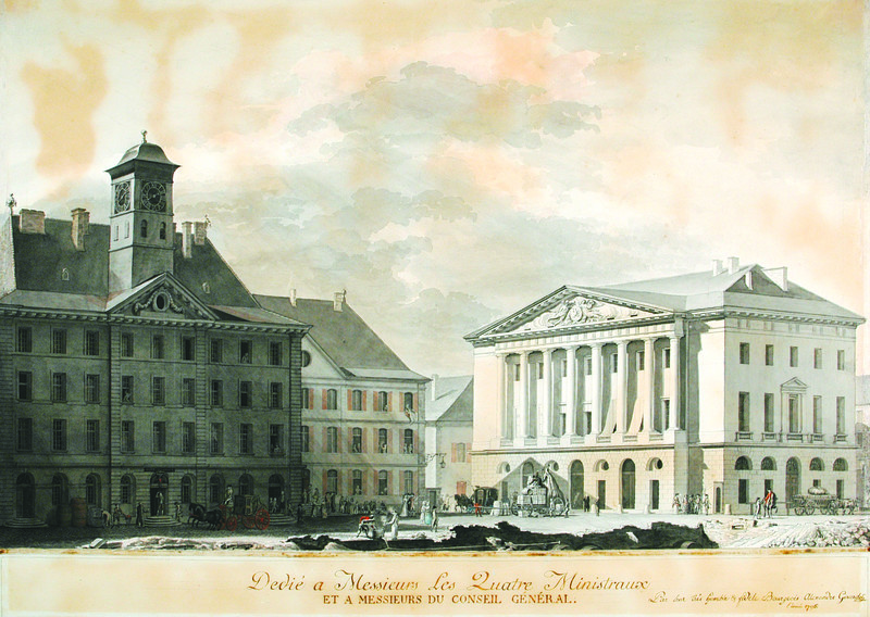 Vue de la place de l’Hôtel de Ville, lavis et aquarelle de A. Girardet (1796), MAHN